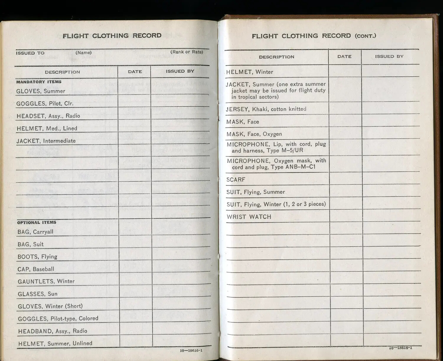 Flight Clothing Record Pages, Bancroft Navy Logbook