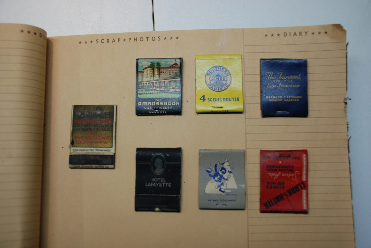 Personal Scrapbook Page — Matchbook Cover Collection from Wartime Travels, Hotel Scharbauer, The Ambassador, The Fairmont, and Air Base Detachment