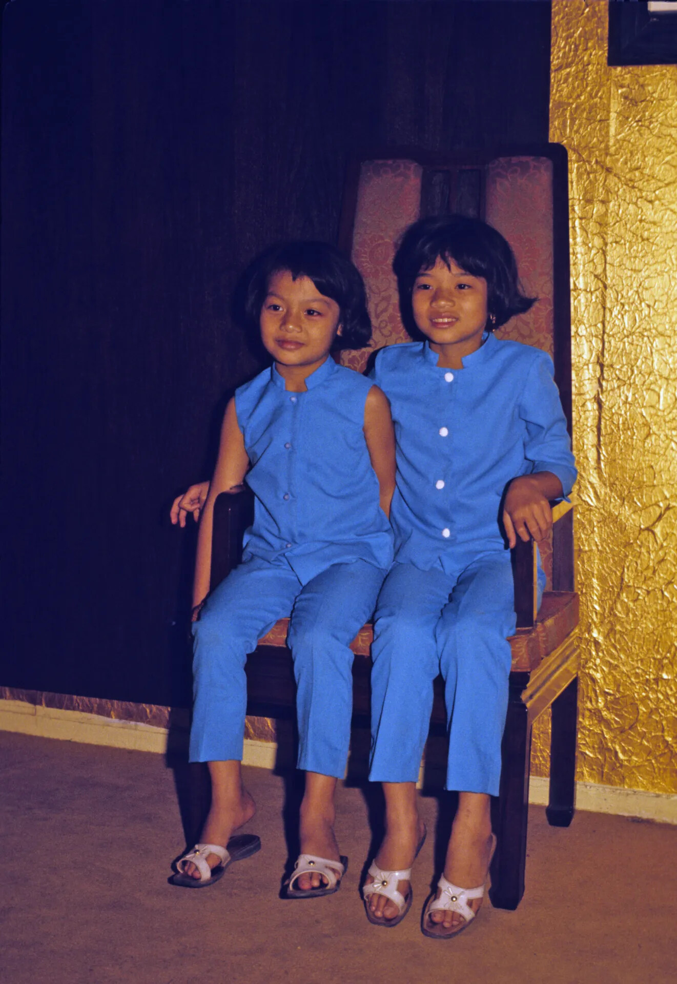 Two Young Girls in Matching Blue Outfits, Informal Seated Portrait