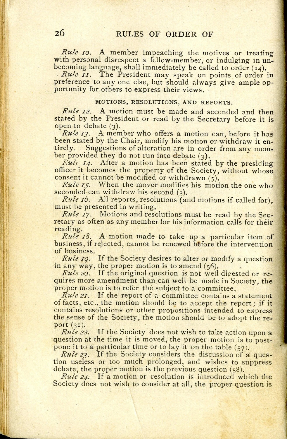 Page 26, 'Rules of Order' Pamphlet — Willis W. Wagener Literary Society Collection, WWI Era
