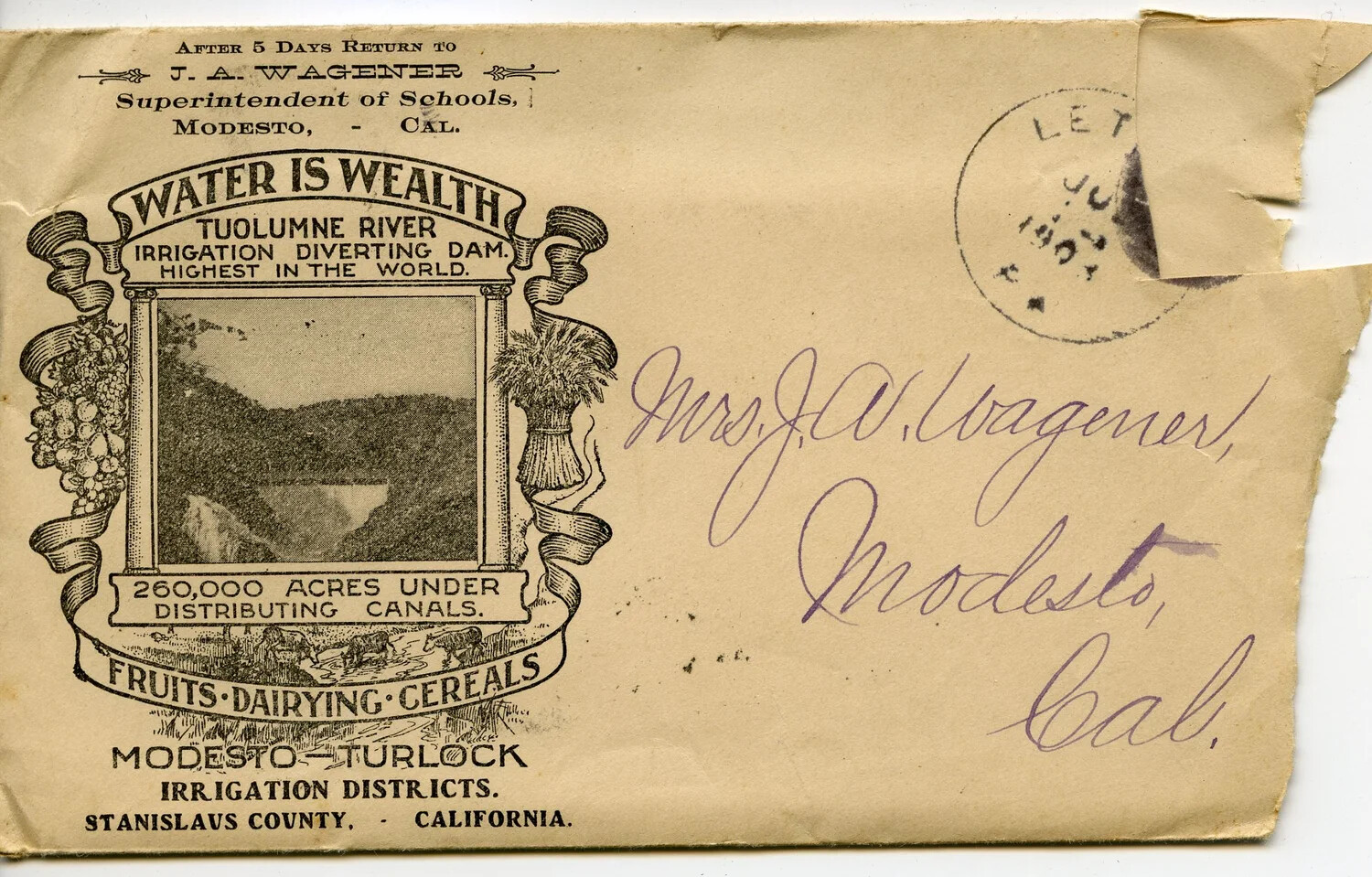 Advertising Cover Envelope from J. A. Wagener, Superintendent of Schools, Modesto, California, Postmarked 1903