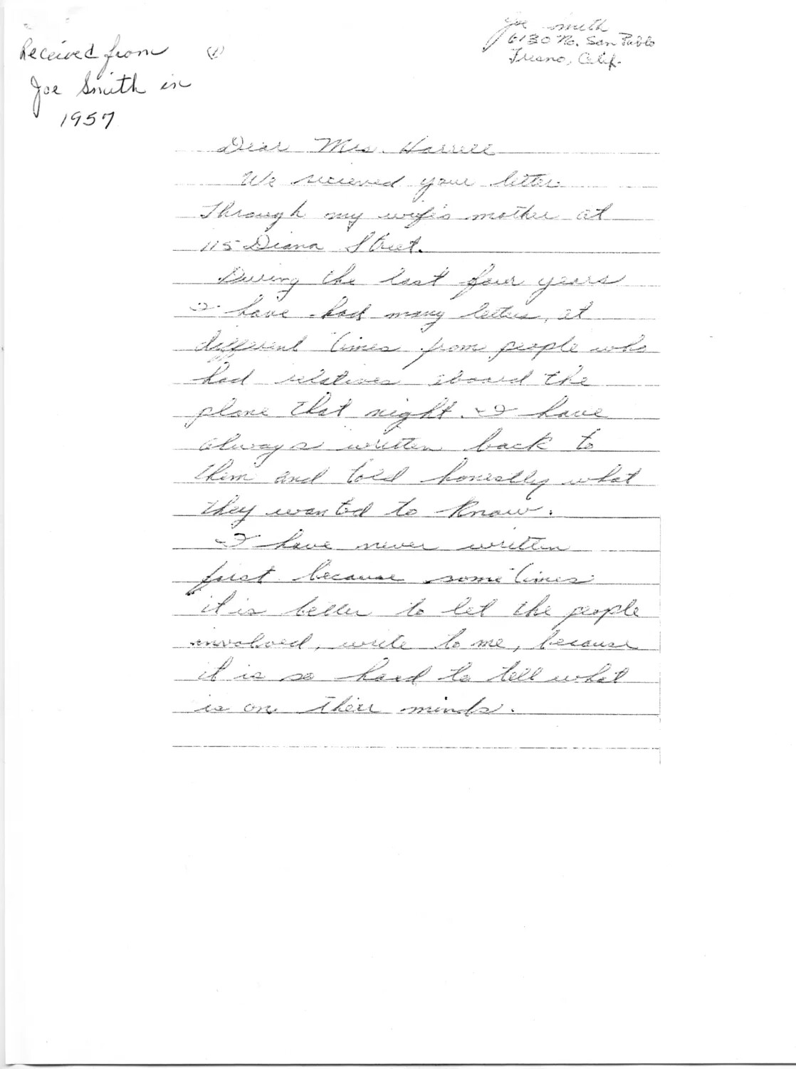 Handwritten Letter from Joe Smith, Fresno, California, 1957 (Lt. Bancroft / Joseph Smith Collection)