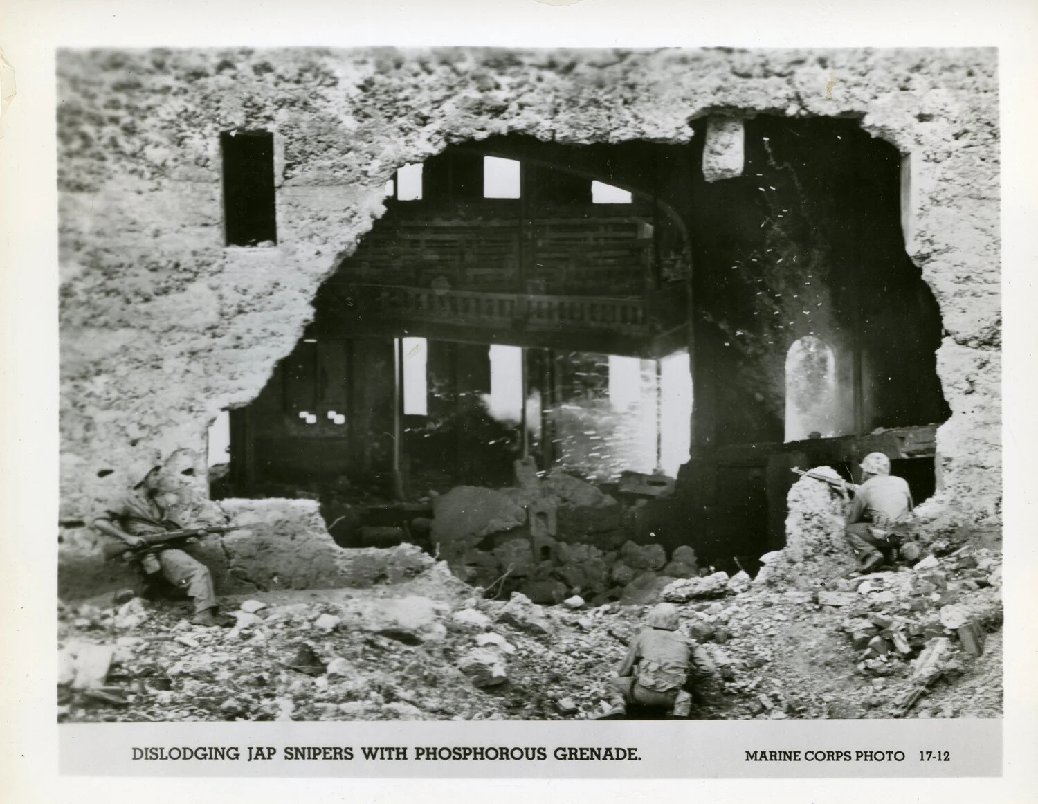 U.S. Marines Use White Phosphorus Grenade to Clear Japanese Snipers from Ruined Building, Battle of Okinawa, 1945