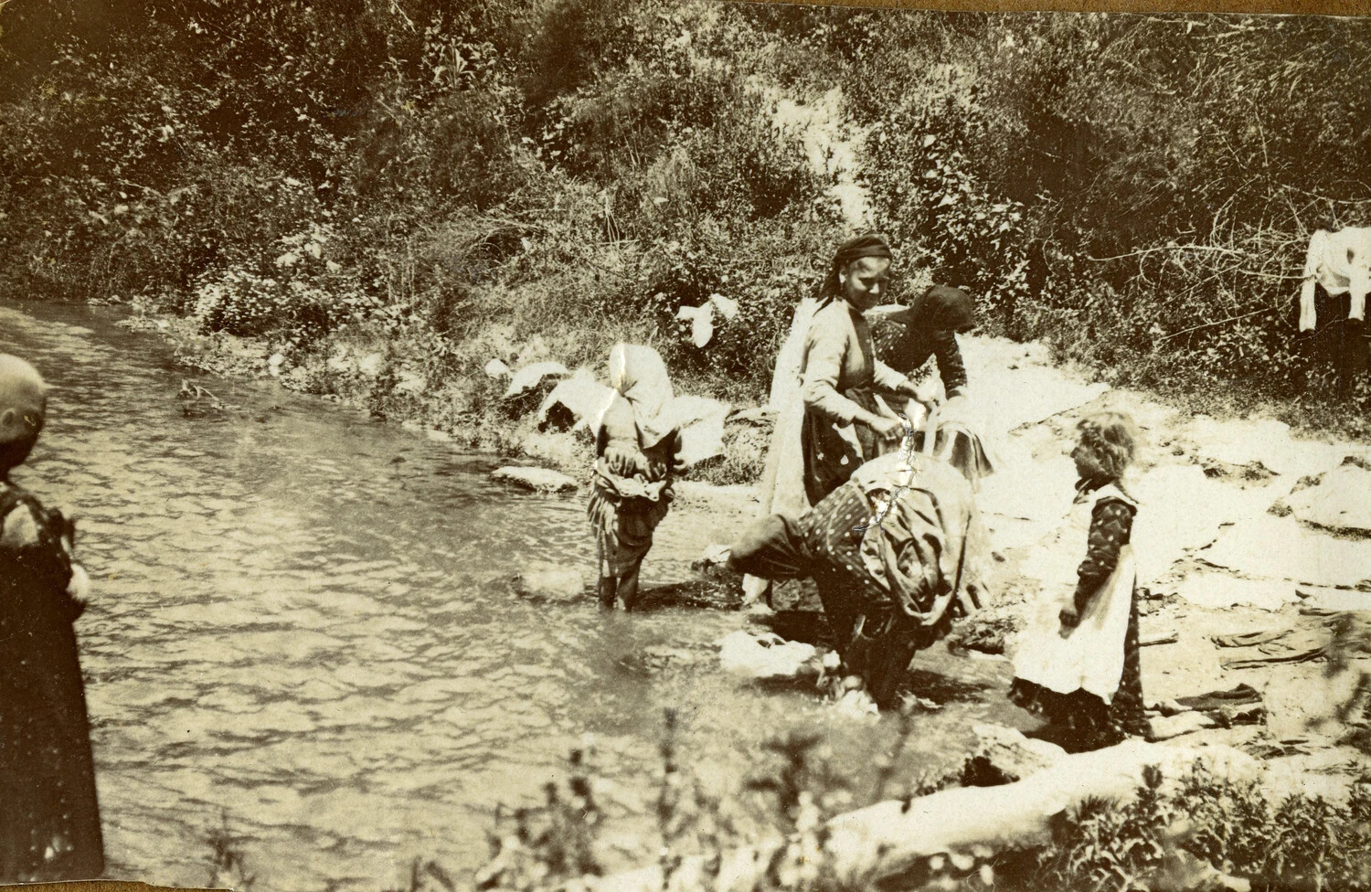 Women and Children Washing Laundry in a Stream, WWI French Pilot's Album