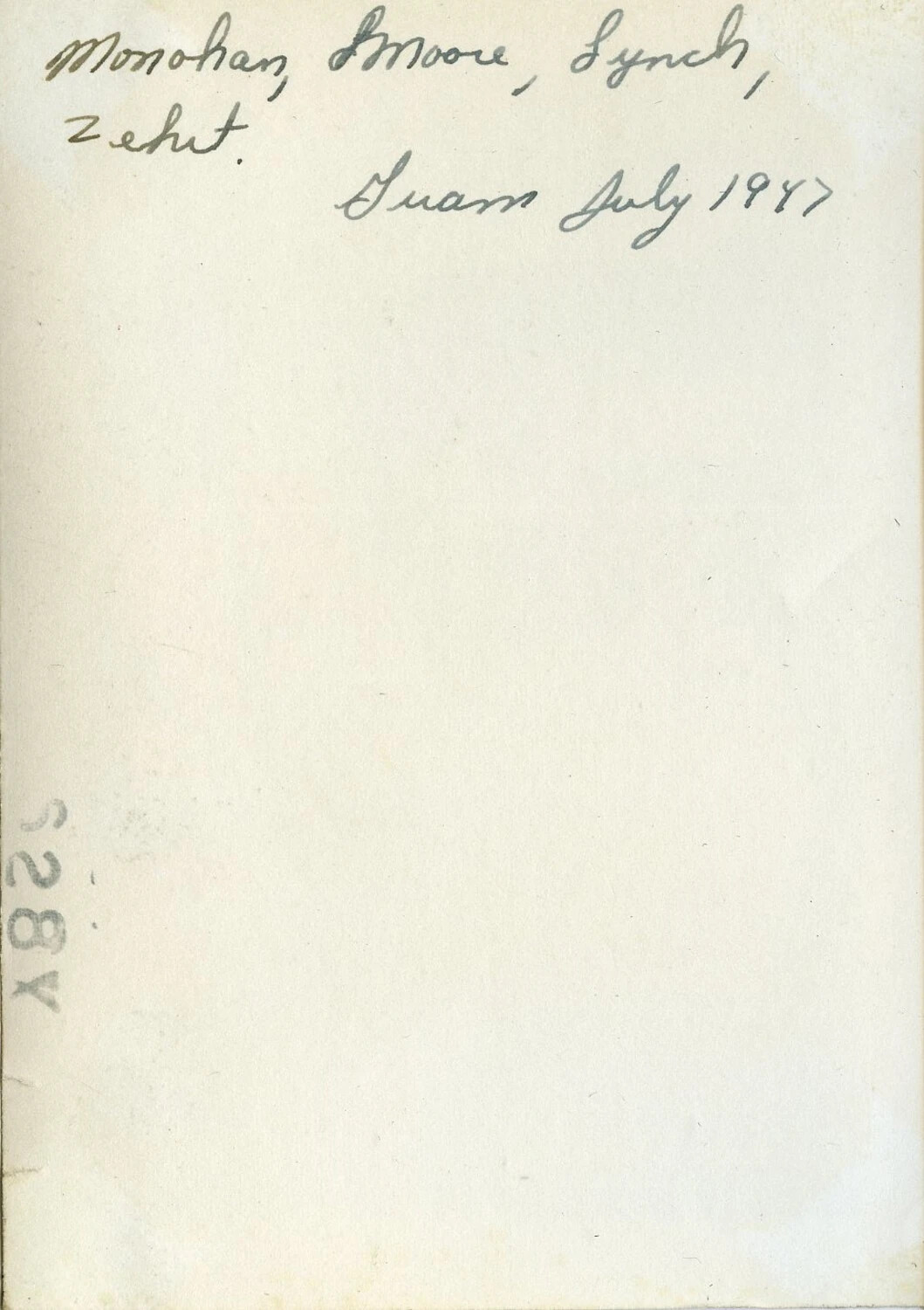 Photograph Verso with Handwritten Caption: 'Monohan, Moore, Lynch, Zehit. Guam July 1947'