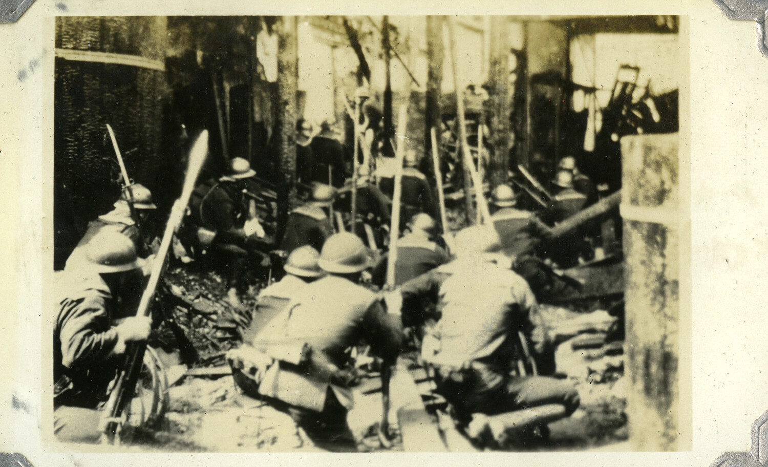 Helmeted Troops Advancing Through a Rubble-Filled Alley, Shanghai Conflict Era, c. 1932-1937
