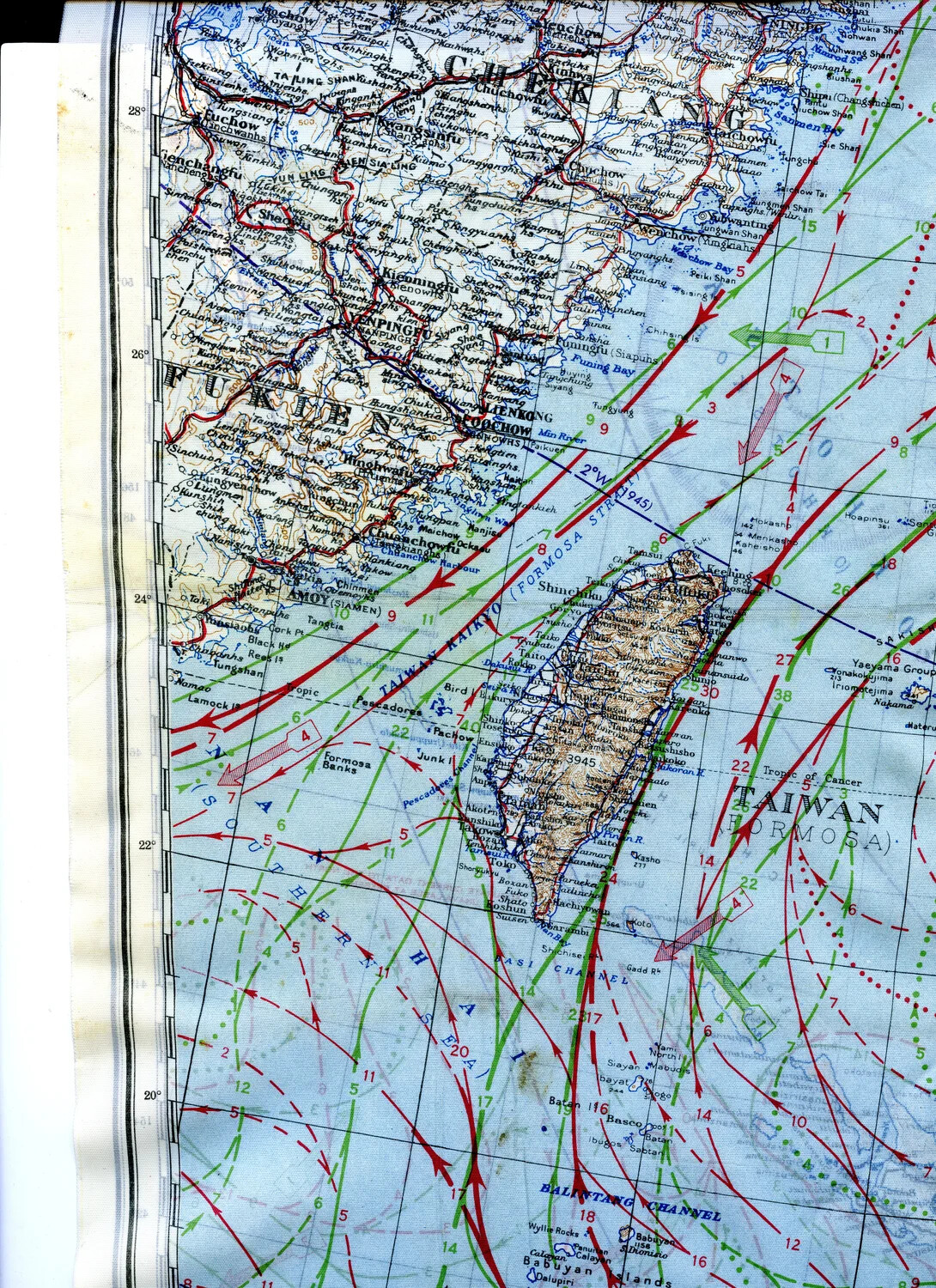 WWII Silk Escape Map Detail - Formosa (Taiwan), Fukien/Chekiang China Coast, and Formosa Strait with Current/Wind Overlay
