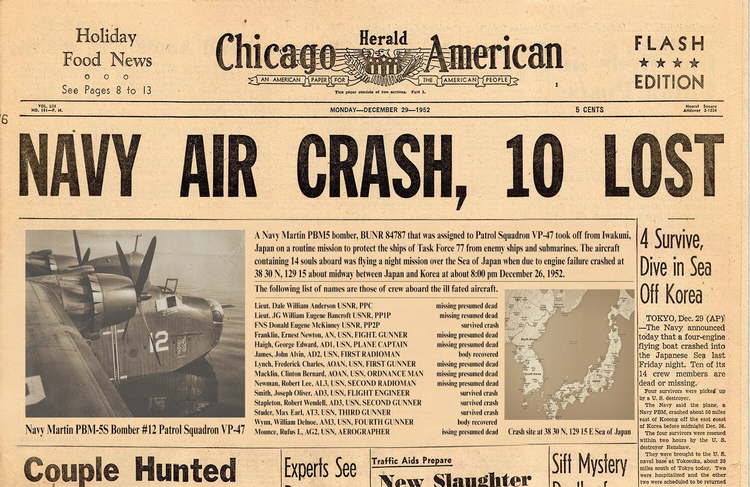 Chicago Herald American Front Page, December 29, 1952 — 'Navy Air Crash, 10 Lost,' Reporting the Loss of Lt. (jg) William Eugene Bancroft, USNR