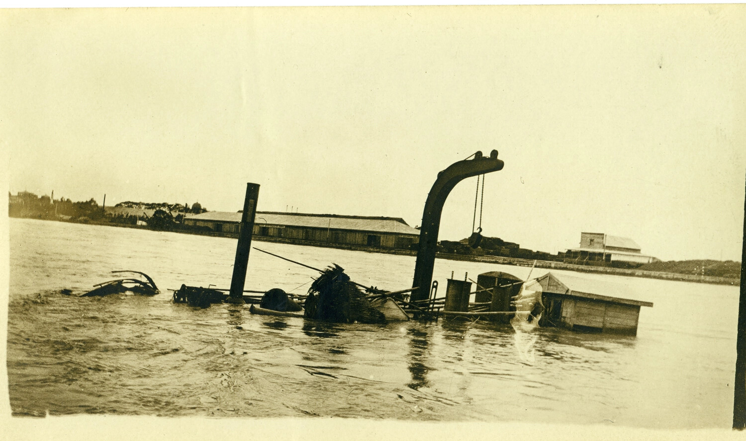 Sunken Dredge or Work Barge in Flooded Philippine Harbor, Early 1900s