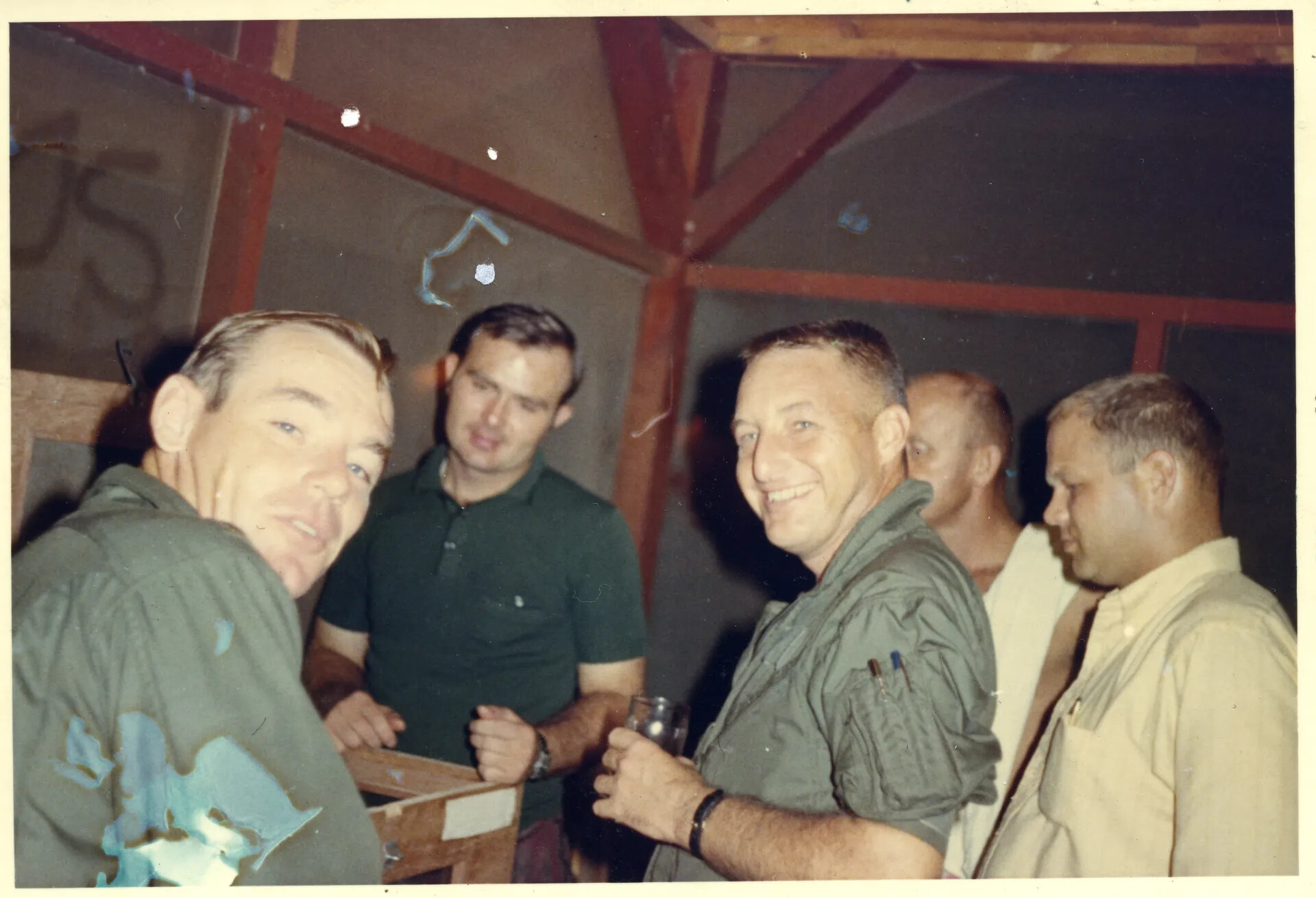 Airmen Socializing at Base Club, Nighttime Group Photo, NKP Area