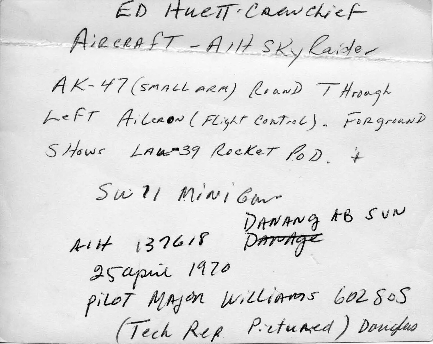 Handwritten Caption, Reverse of A-1H Skyraider Battle-Damage Photo (S/N 137618), Da Nang AB, 25 April 1970