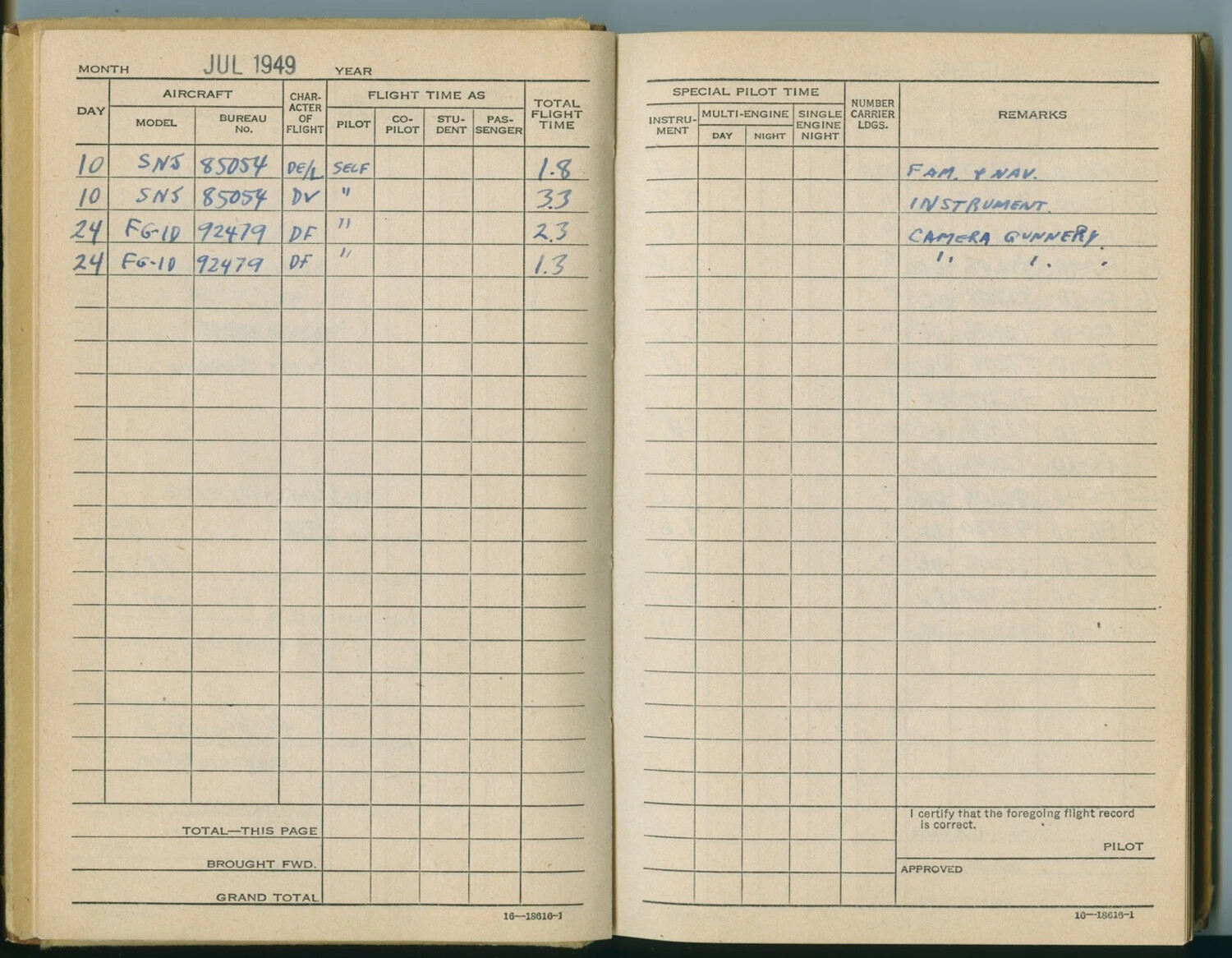 Pat McAleer Naval Aviator Flight Logbook, July 1949 Entries