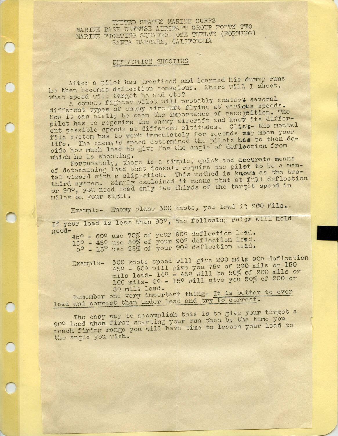 USMC Training Document: "Deflection Shooting" — Marine Fighting Squadron 112 (Forming), Santa Barbara, California