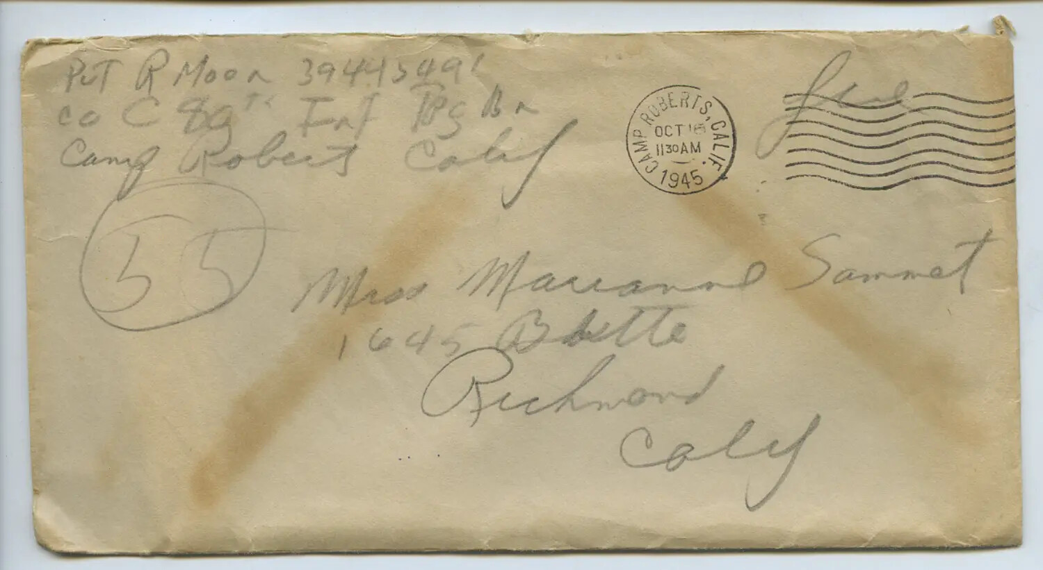 WWII Mailing Envelope - Camp Roberts, California, October 1945