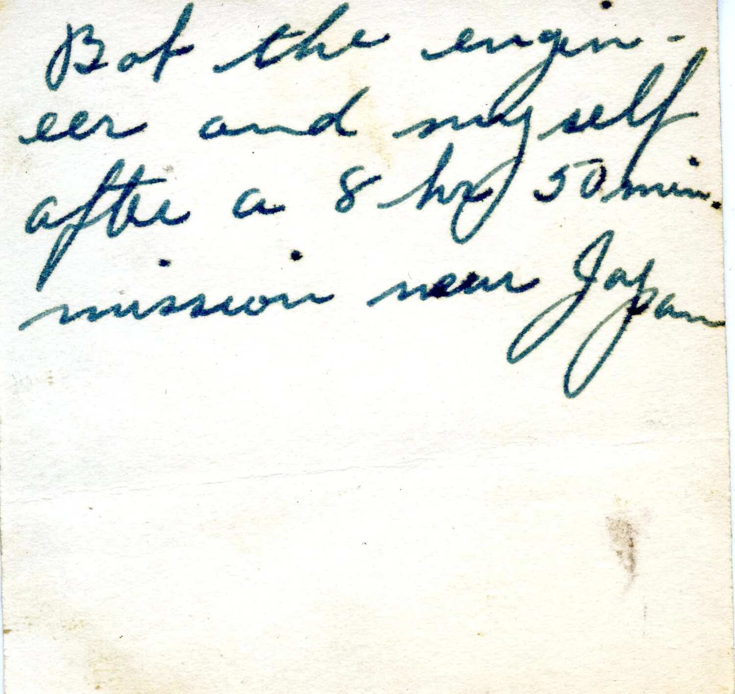 Handwritten Album Annotation Referencing an 8-Hour, 50-Minute Mission Near Japan