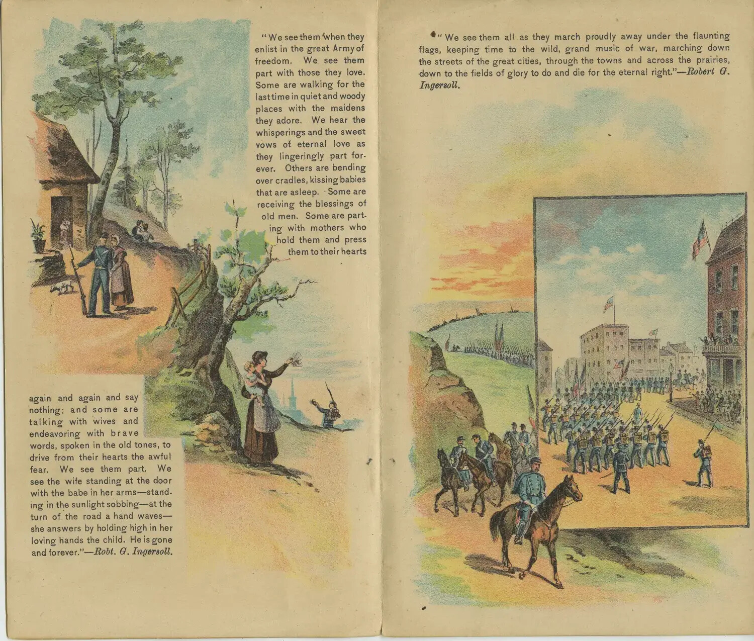Grand Army of the Republic Memorial Pamphlet Pages: Soldiers' Farewell and Marching Troops Illustrations