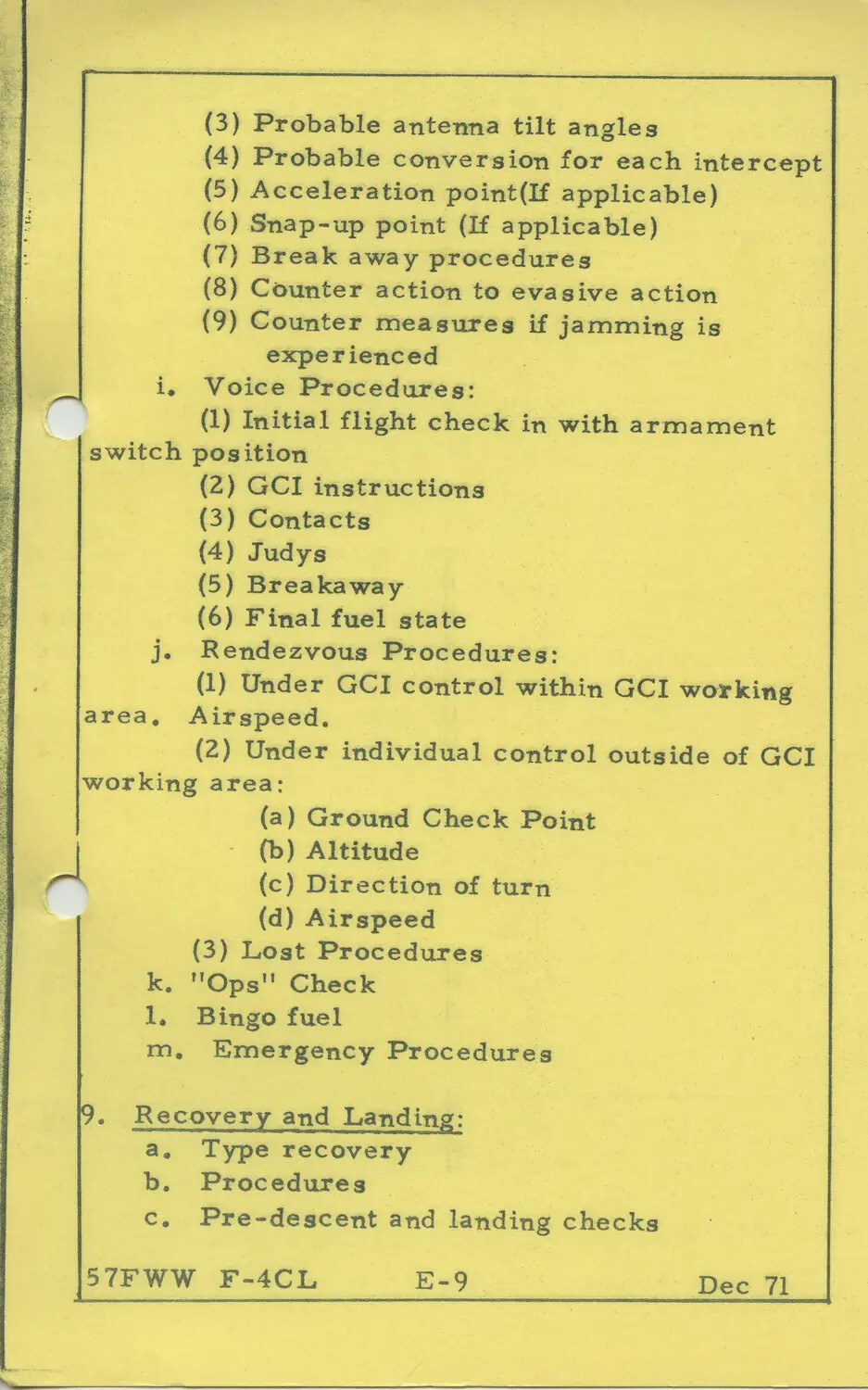 57th Fighter Weapons Wing F-4 Training Checklist Page E-9, December 1971