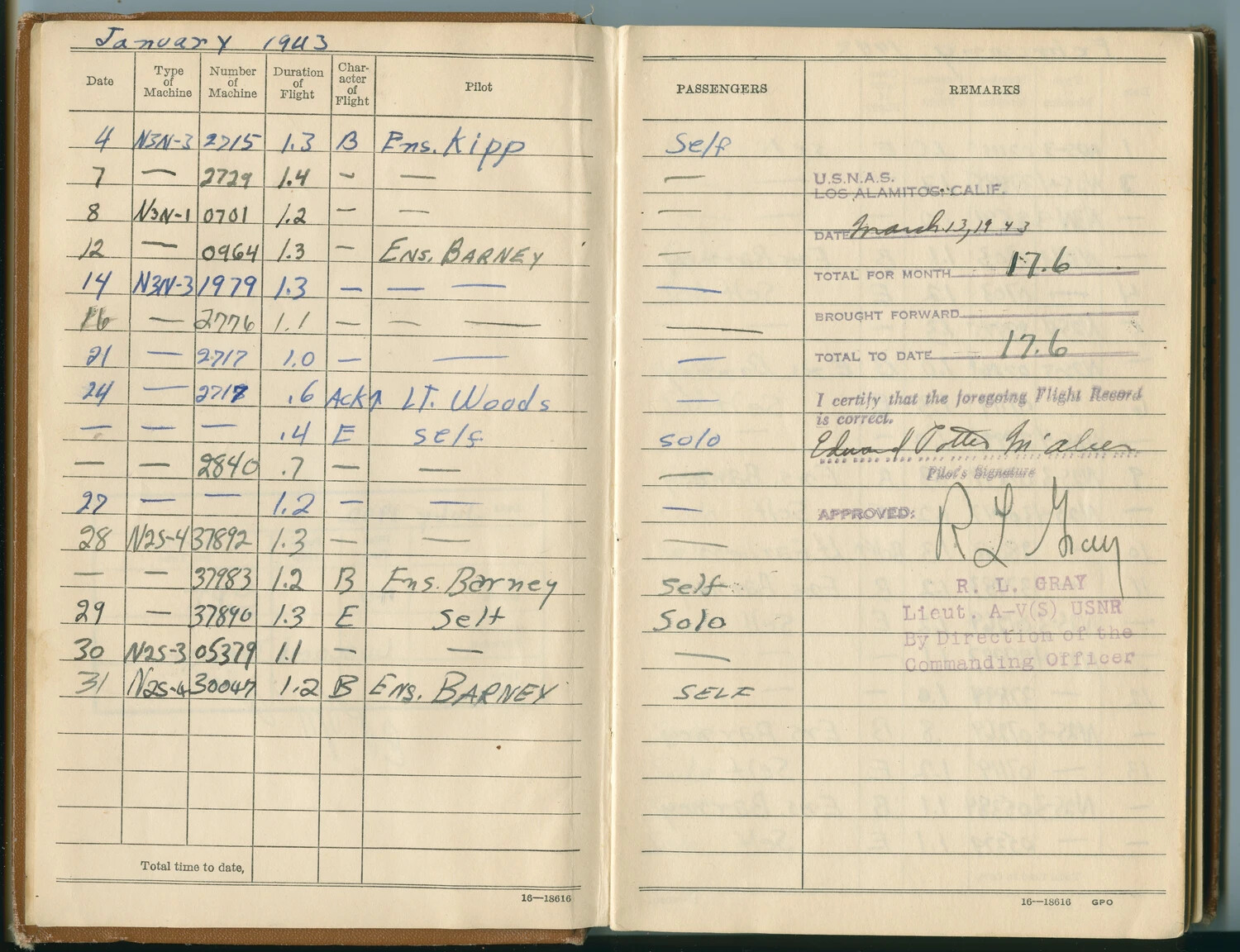 Edward Potter McAleer Pilot Flight Logbook, January 1943 - Primary Flight Training, NAS Los Alamitos, California