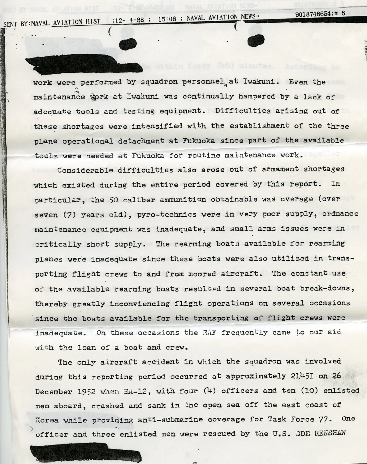 Typed Page from U.S. Navy Squadron War Diary/History Report, Korean War, Referencing Operations at Iwakuni and Fukuoka, Japan (Fax Dated 12-4-98)