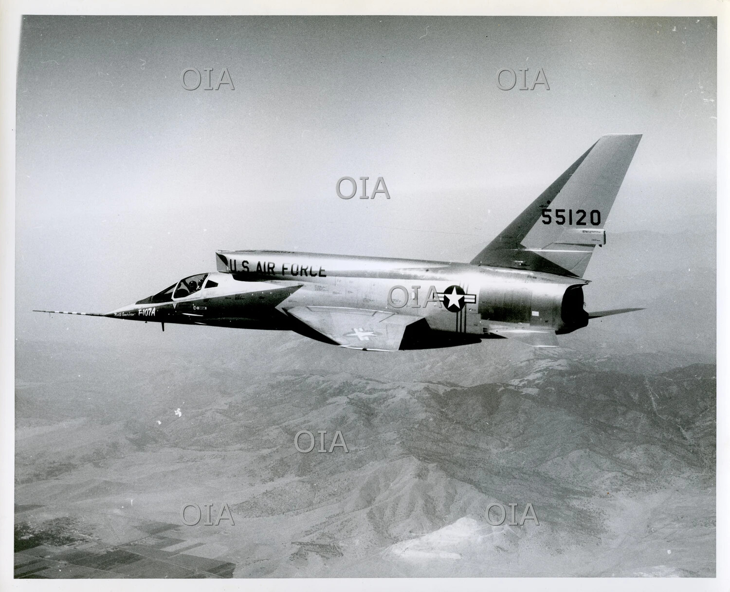 North American F-107A Prototype (Serial 55-5120) in Flight over Mountainous Terrain