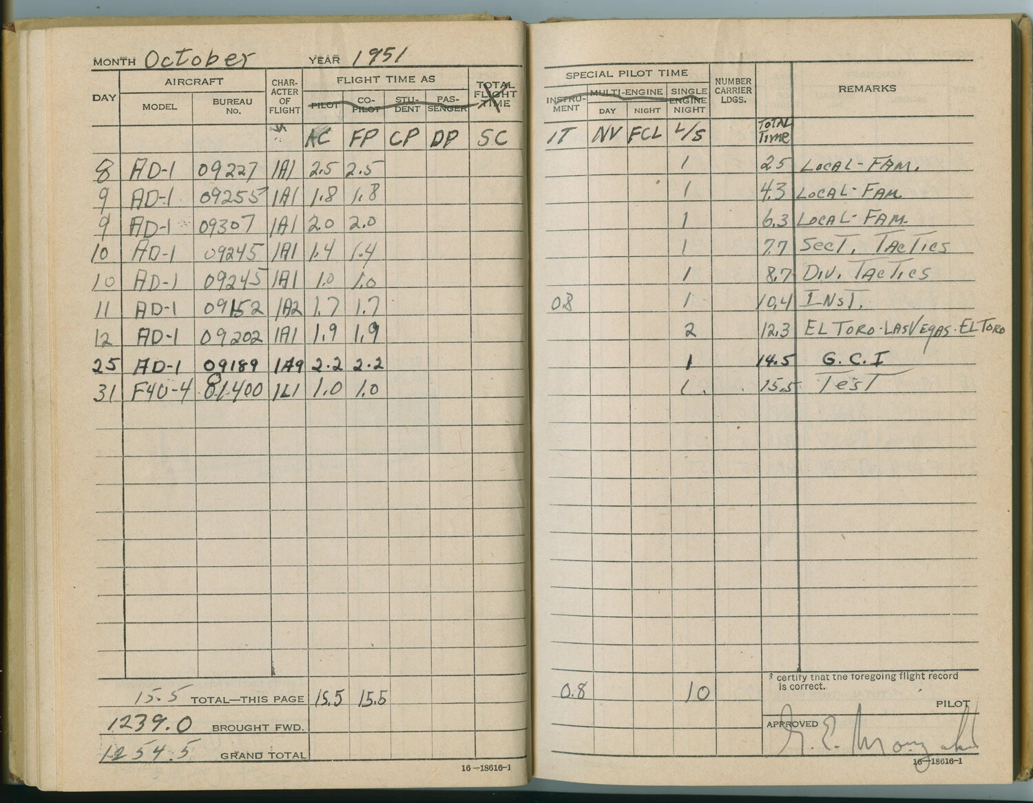 Naval Aviator's Personal Flight Log Book, October 1951 -- AD-1 Skyraider and F4U-4 Corsair Entries