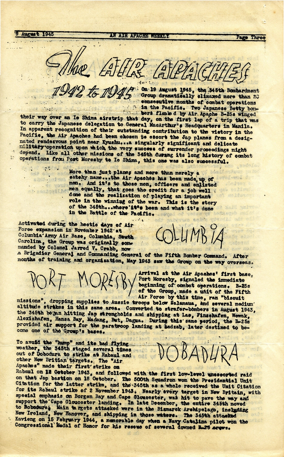 Air Apache Pow Wow, 29 August 1945, Page Three - 'The Air Apaches, 1942 to 1945' Unit History Article