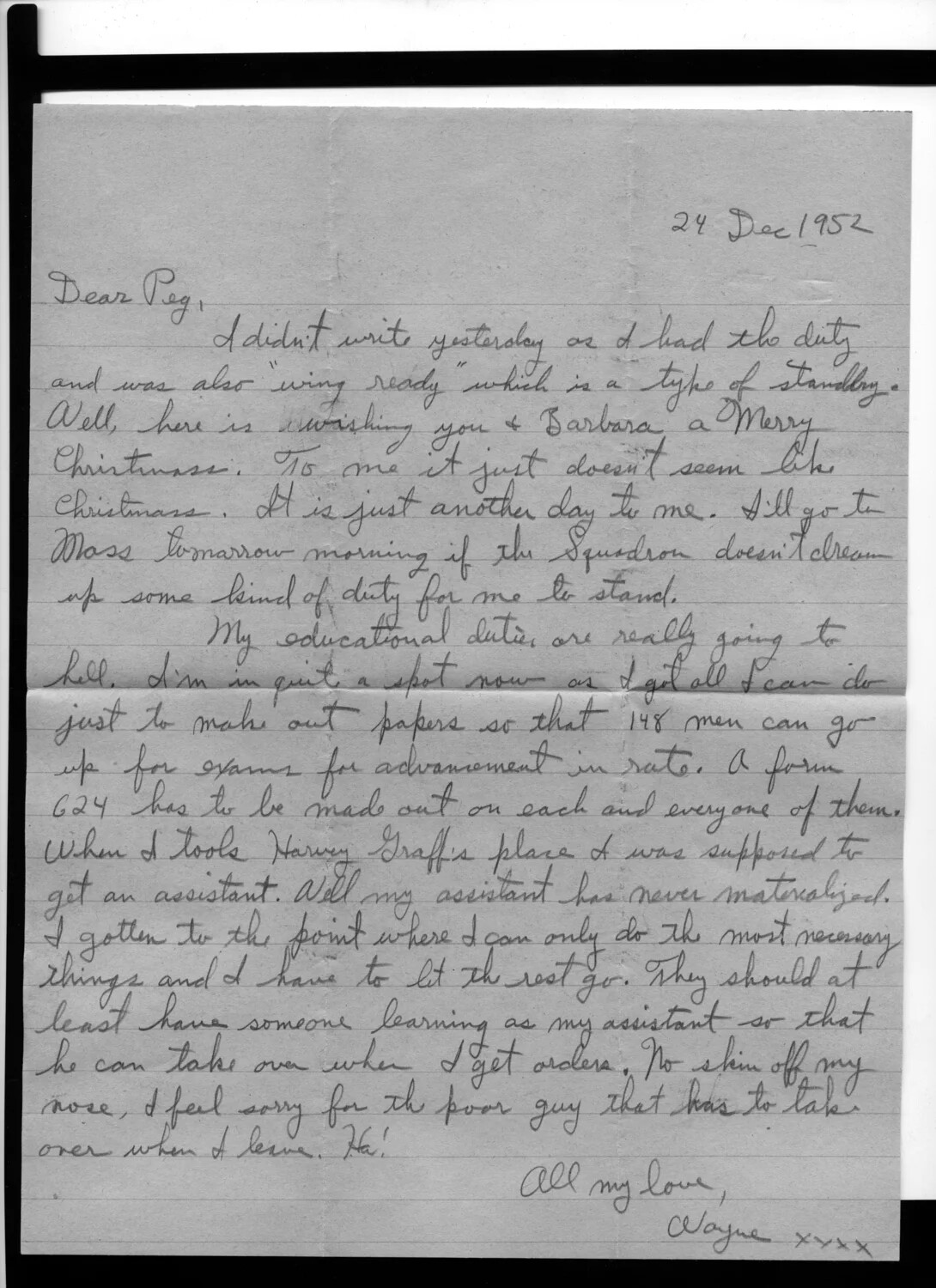 Handwritten Letter from Wayne (Lt. Bancroft) to Peg, 24 December 1952