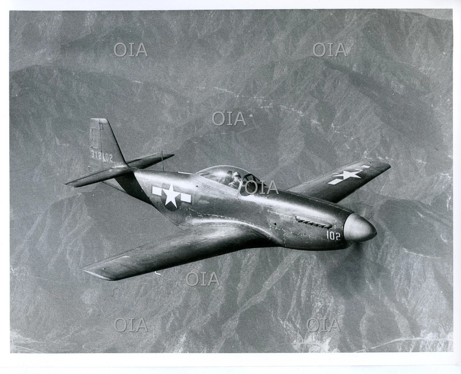 North American P-51 Mustang in Flight Over Mountainous Terrain, Bare-Metal Factory Test Finish
