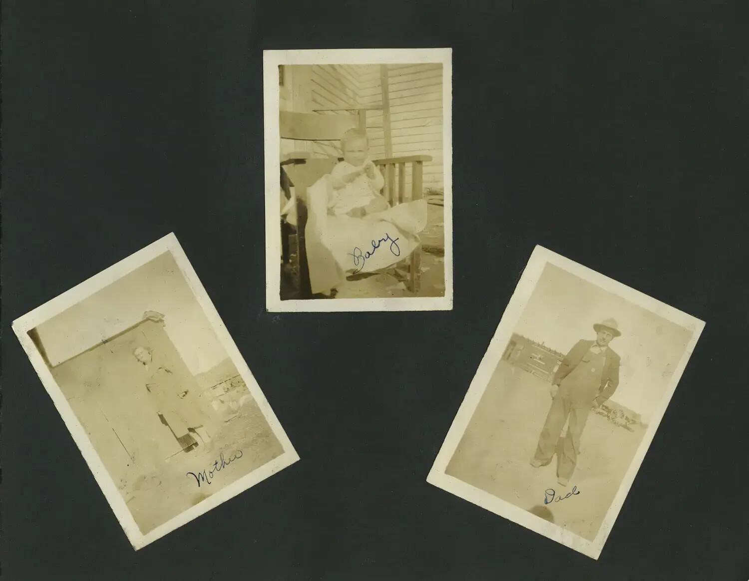 Family Snapshot Page: 'Baby,' 'Mother,' and 'Dad' Portraits, 1930s Photo Album