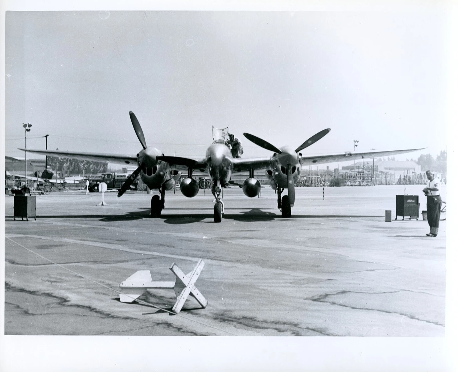 Lockheed P-38 Lightning on the Flight Line, Nose-On View