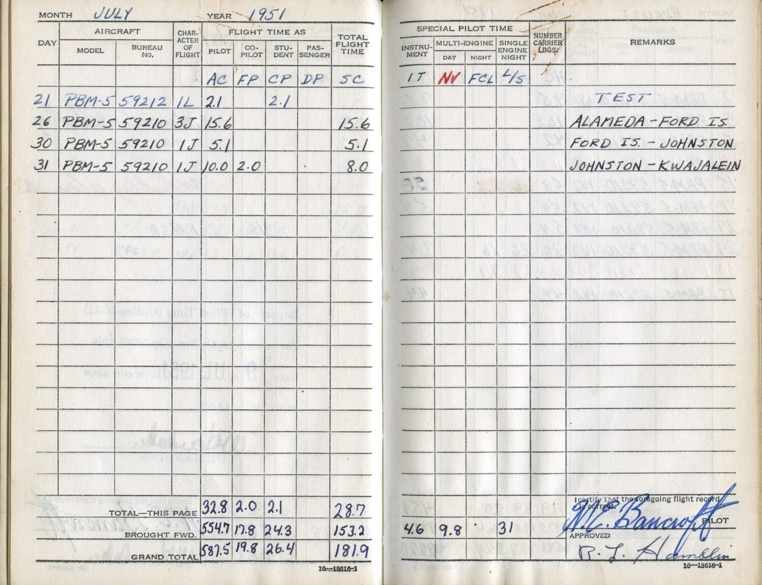 U.S. Navy Pilot's Flight Logbook, July 1951 - PBM-5 Mariner Trans-Pacific Flights, Lt. W.C. Bancroft