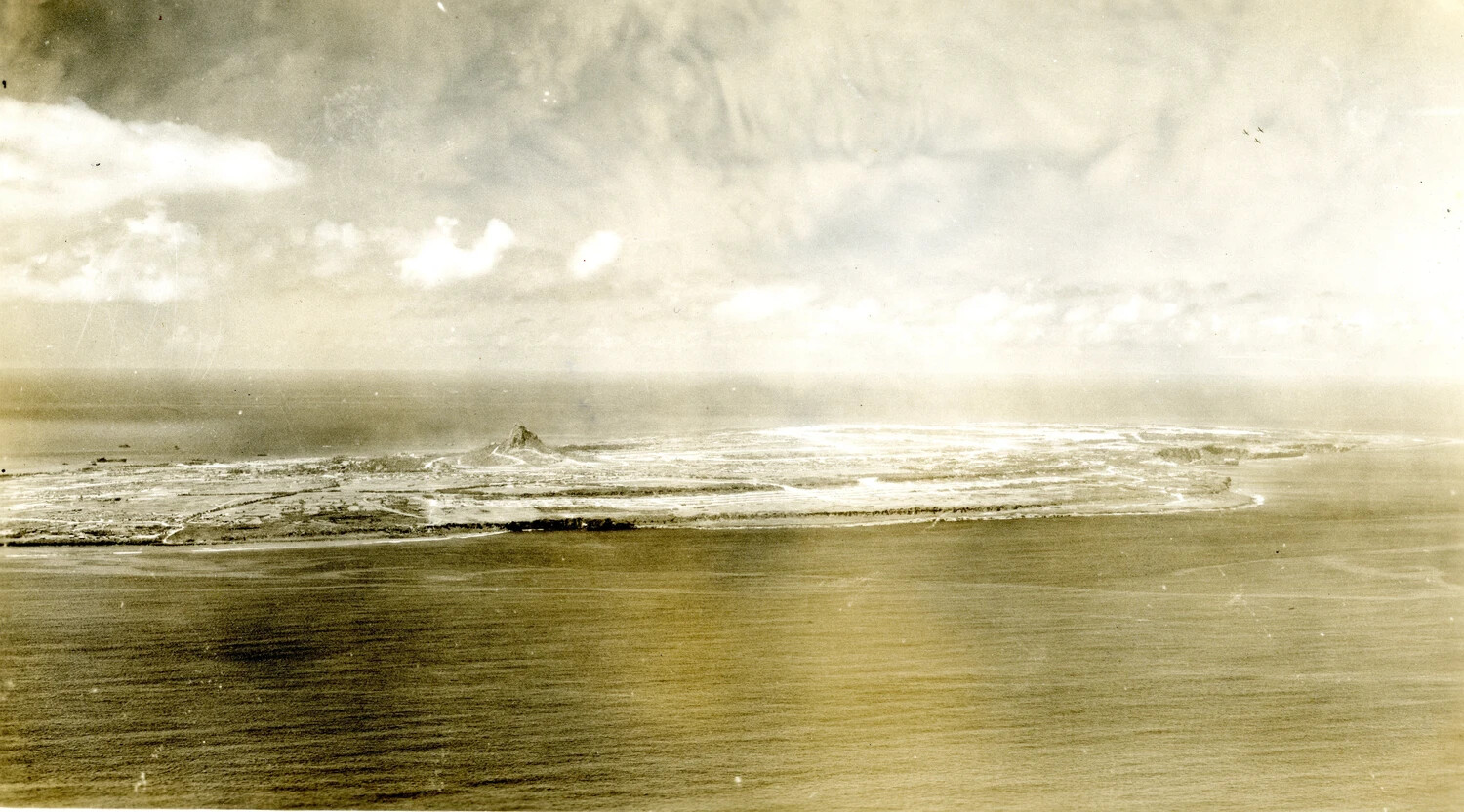 Aerial View of Ie Shima Island with Central Pinnacle Peak, Okinawa Campaign, WWII
