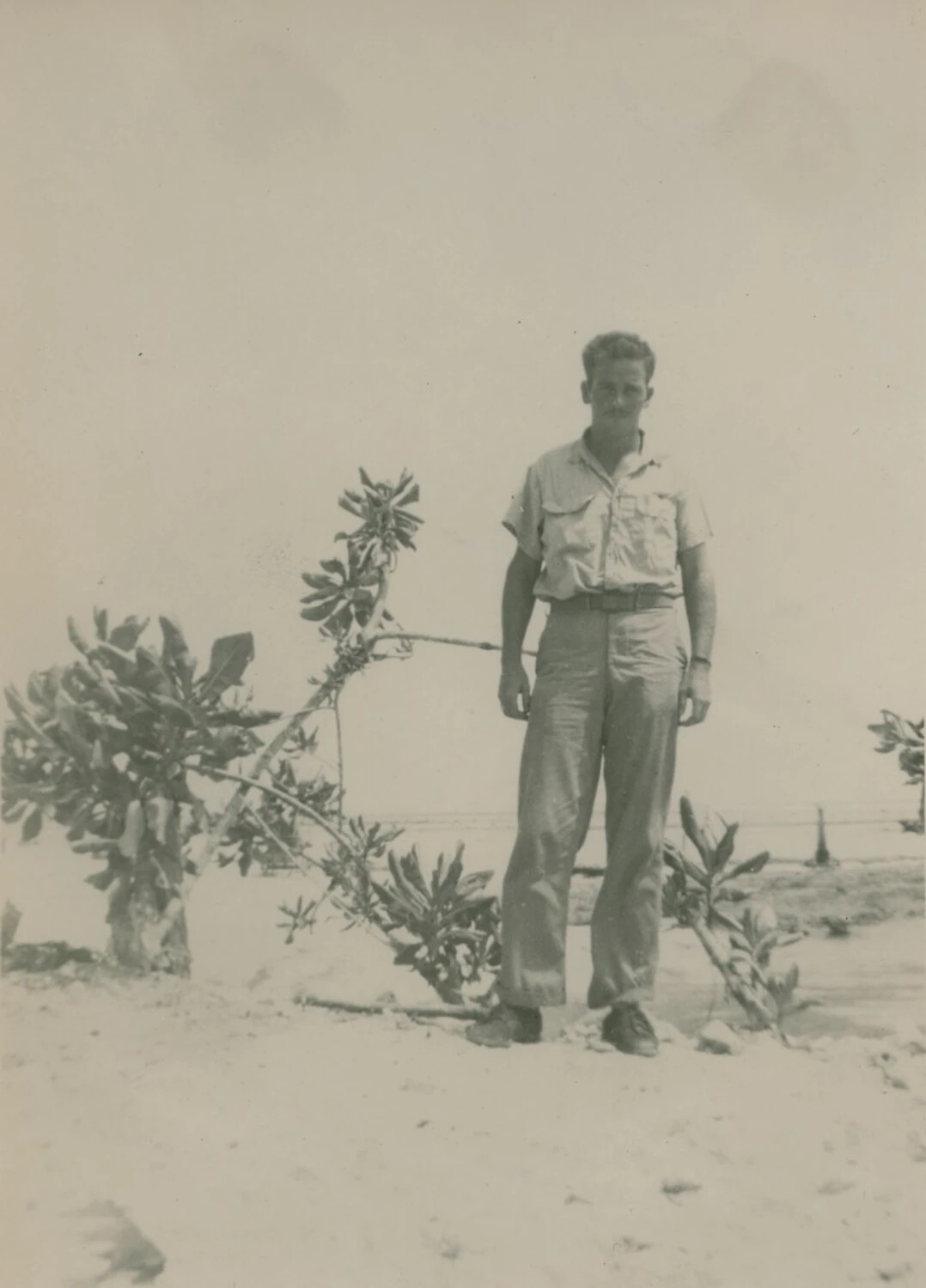 Serviceman Standing on Pacific Island Beach, Personal Snapshot (McAleer Collection)