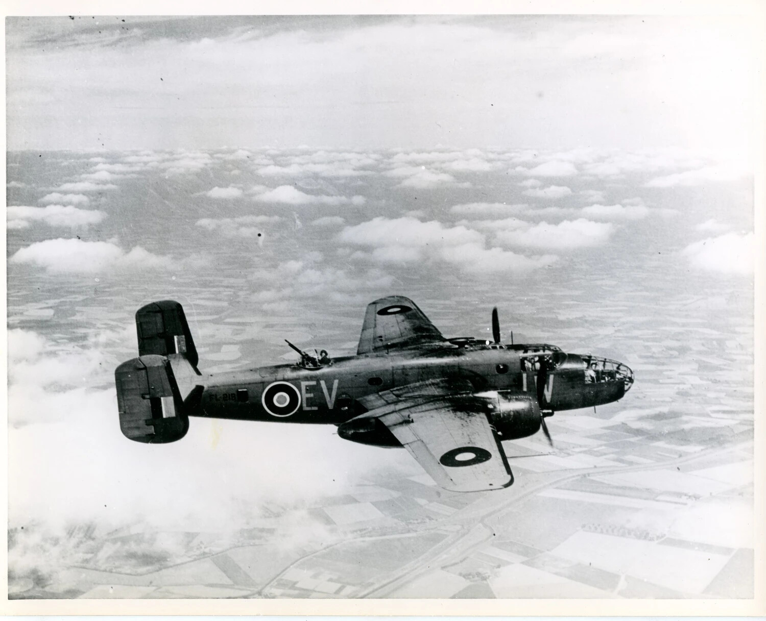 North American B-25 Mitchell Mk.II Medium Bomber, RAF 180 Squadron, Code EV-W, Serial FL-218, in Flight Above Cloud Cover