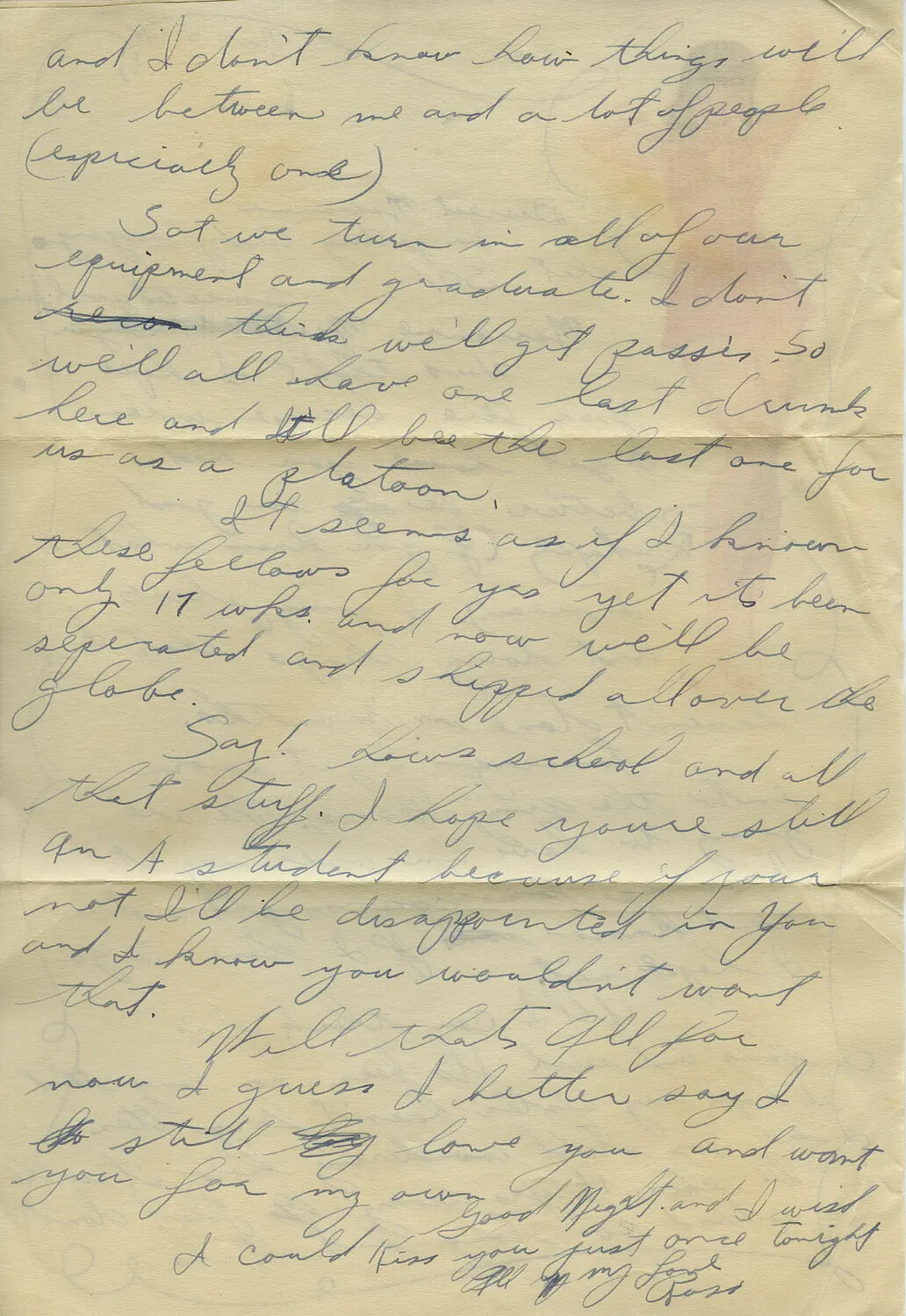 Handwritten WWII Letter Page from 'Ross,' Describing Graduation from Training Platoon