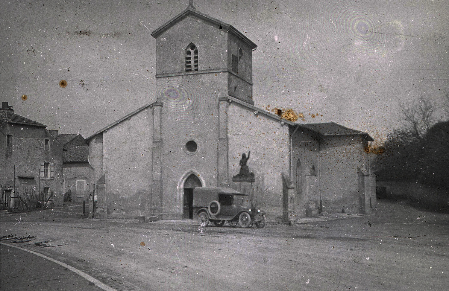 Village Church with Parked Motor Vehicle, Rural France, World War I Era