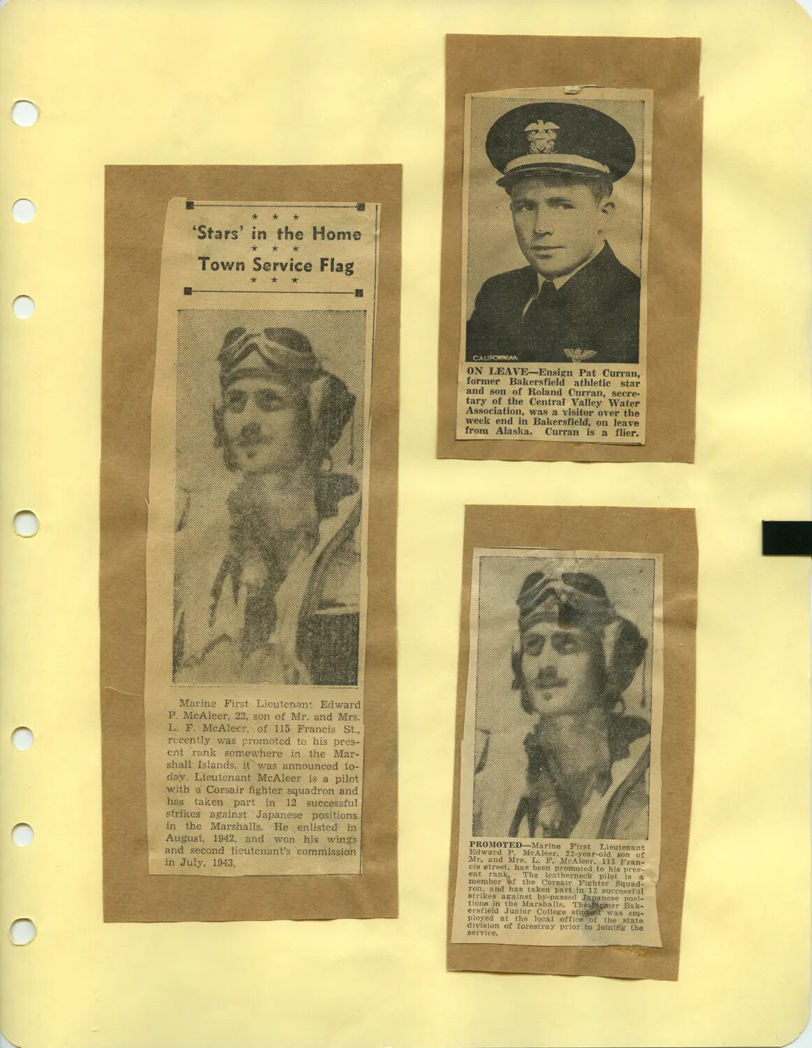 Scrapbook Page: WWII Newspaper Clippings on Lt. Edward P. McAleer (Corsair Pilot) and Ens. Pat Curran, Bakersfield Californian