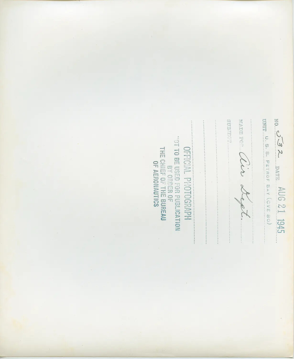 Verso of Official U.S. Navy Photograph – USS Petrof Bay (CVE-80), Air Department, August 21, 1945