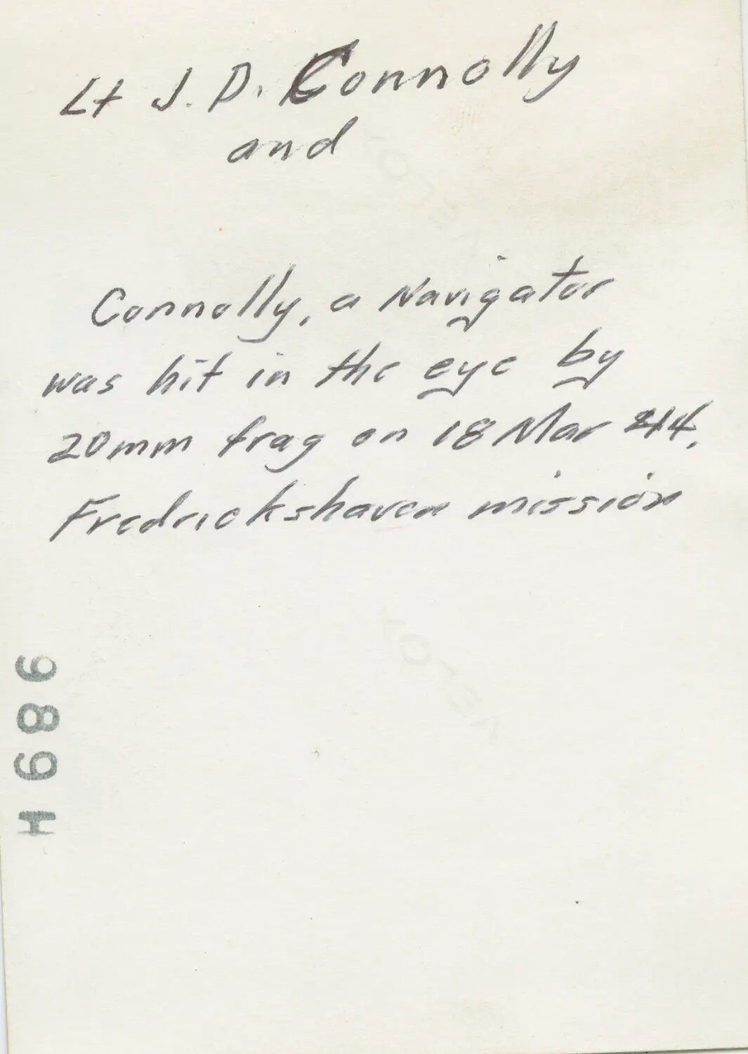 Verso Caption: Lt. J.P. Connolly, Navigator, Wounded by 20mm Flak Fragment, Friedrichshafen Mission, 18 March 1944