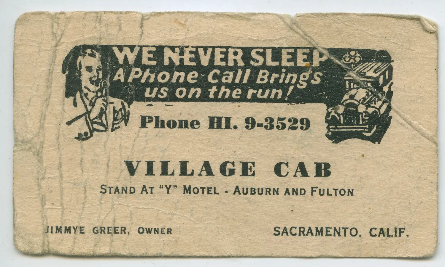 "Village Cab" Taxi Advertisement Card, Sacramento, California