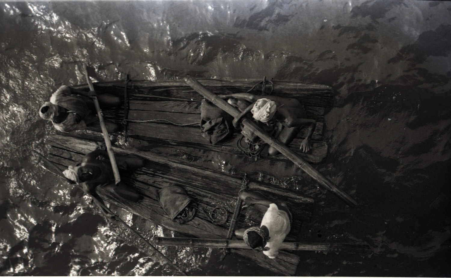Overhead View of River Raft Poling Party, China-Burma Theater, WWII Era