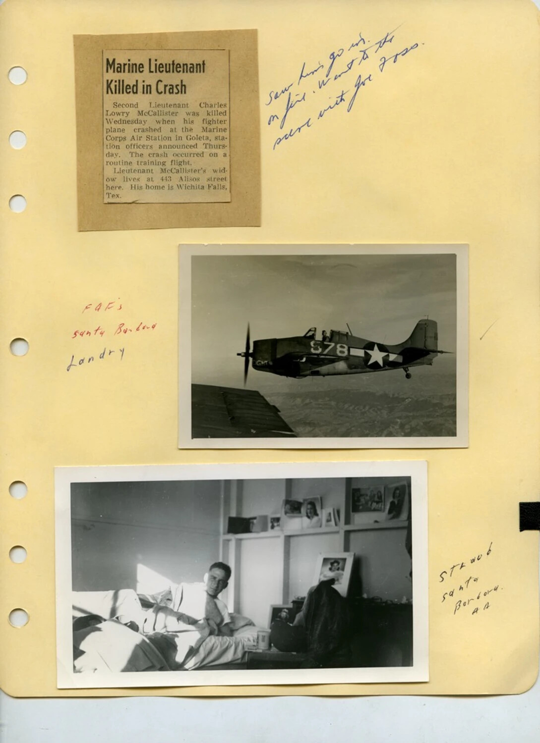 Scrapbook Page: Marine Corps Wildcat Fighter, Crash News Clipping, and Aviator Portrait — Santa Barbara/Goleta, WWII