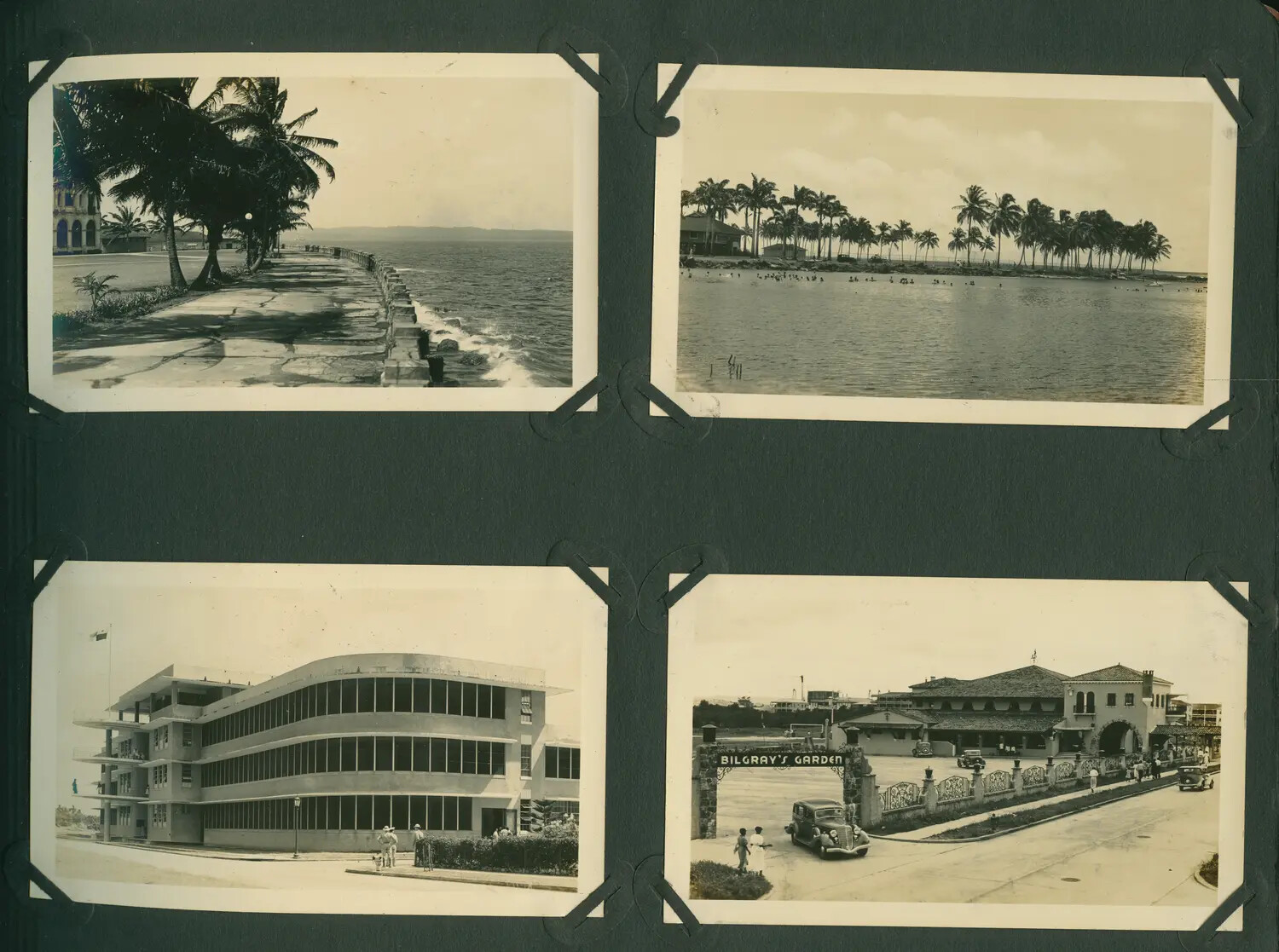 Panama Canal Zone Photo Album Page: Seawall, Beach, Streamline Moderne Building, and Bilgray's Garden Entrance