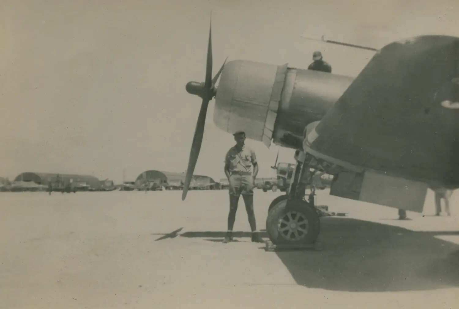 Airman Beside Twin-Engine Medium Bomber (B-25/PBJ Mitchell type), WWII Pacific/CBI Theater