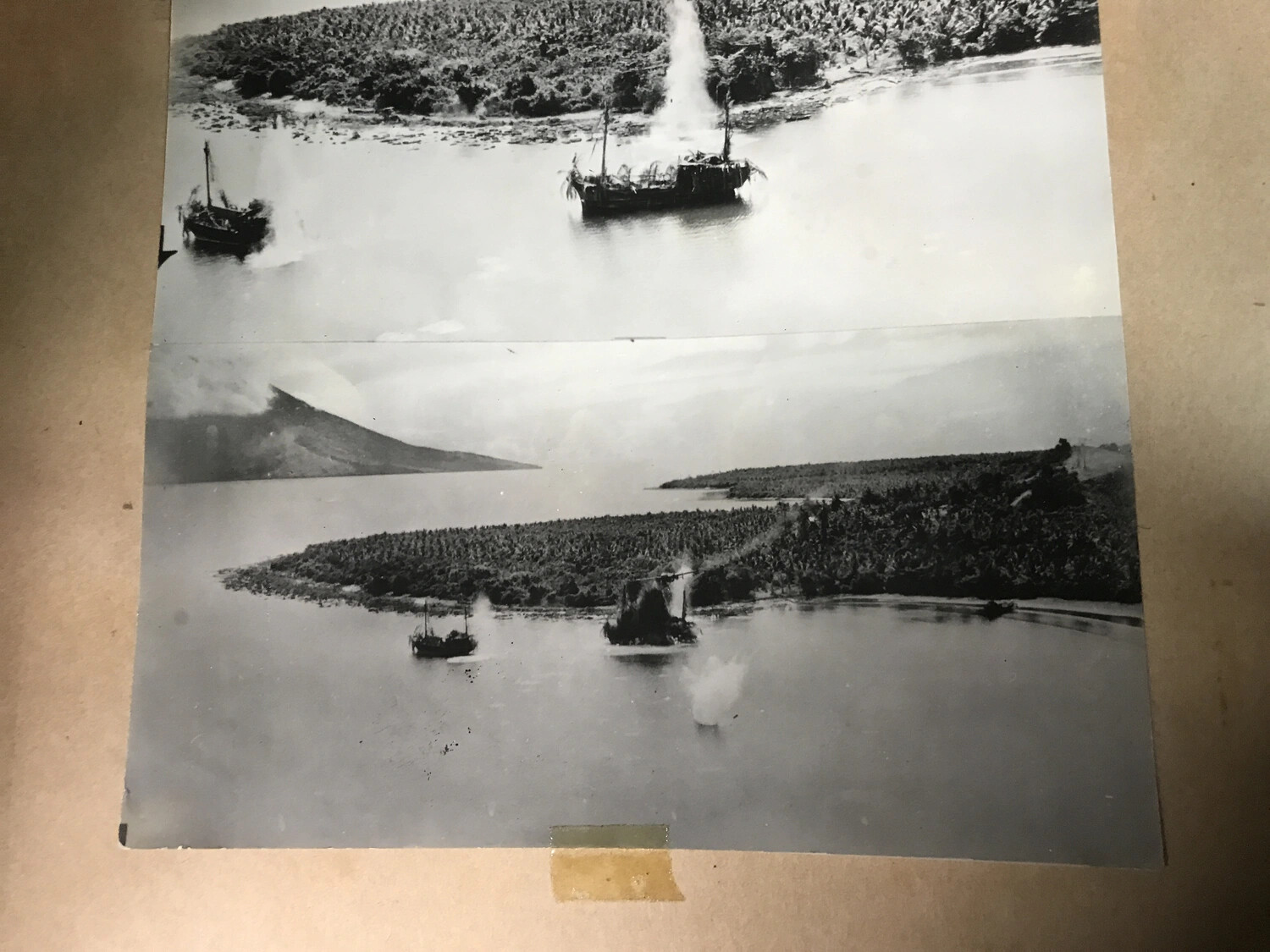 Album Page with Two Aerial Strike Photographs of Japanese Coastal Barge Attack