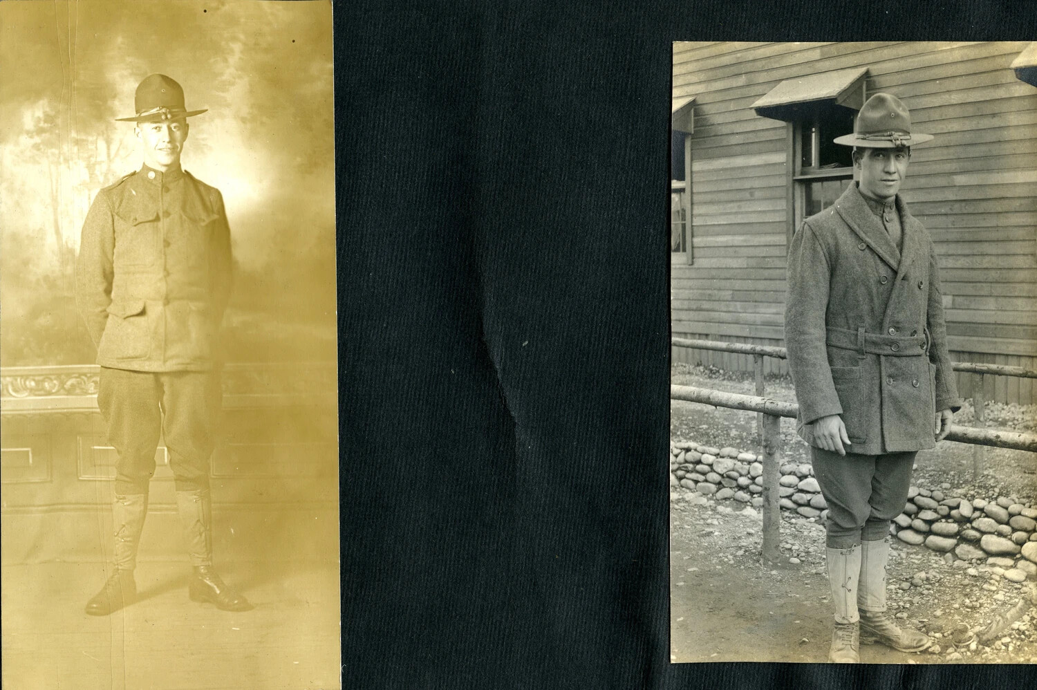 Album Page with Two Portraits of a U.S. Army Soldier in Service Uniform and Overcoat, WWI Era