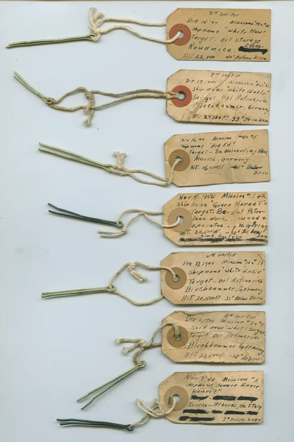 WWII B-24 Liberator Bomb Fuze Safety Pins with Handwritten Mission Tags, November-December 1944
