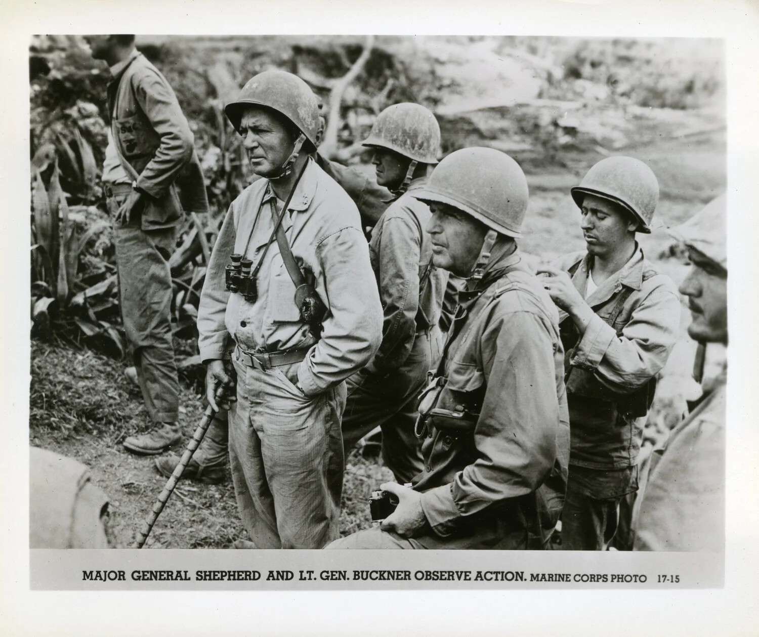 Major General Lemuel Shepherd and Lt. Gen. Simon Bolivar Buckner Jr. Observe Combat Action, Battle of Okinawa, 1945 (Marine Corps Photo 17-15)
