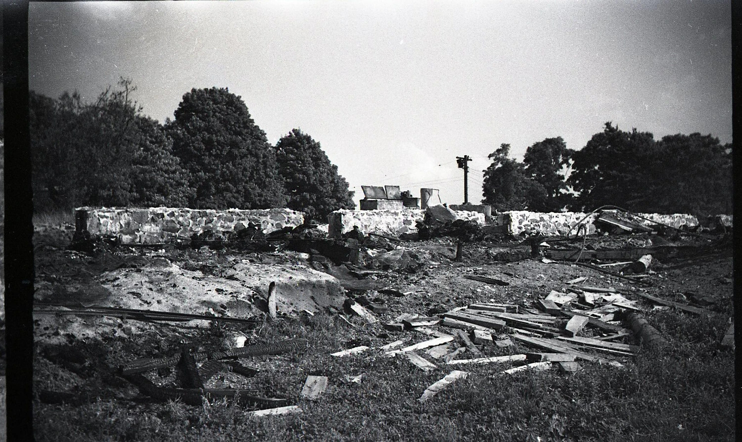 Long Fieldstone Foundation Wall with Metal Storage Tanks, Dairy Farm Fire Site, Rural New England, c. 1940s