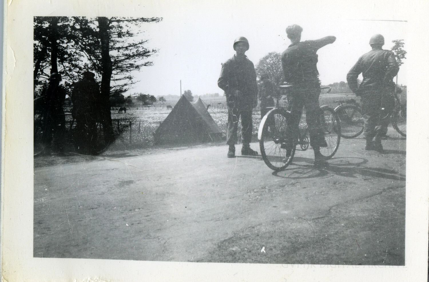 American Soldiers with Bicycles at Bivouac Area, Pastoral Farmland, European Theater, WWII